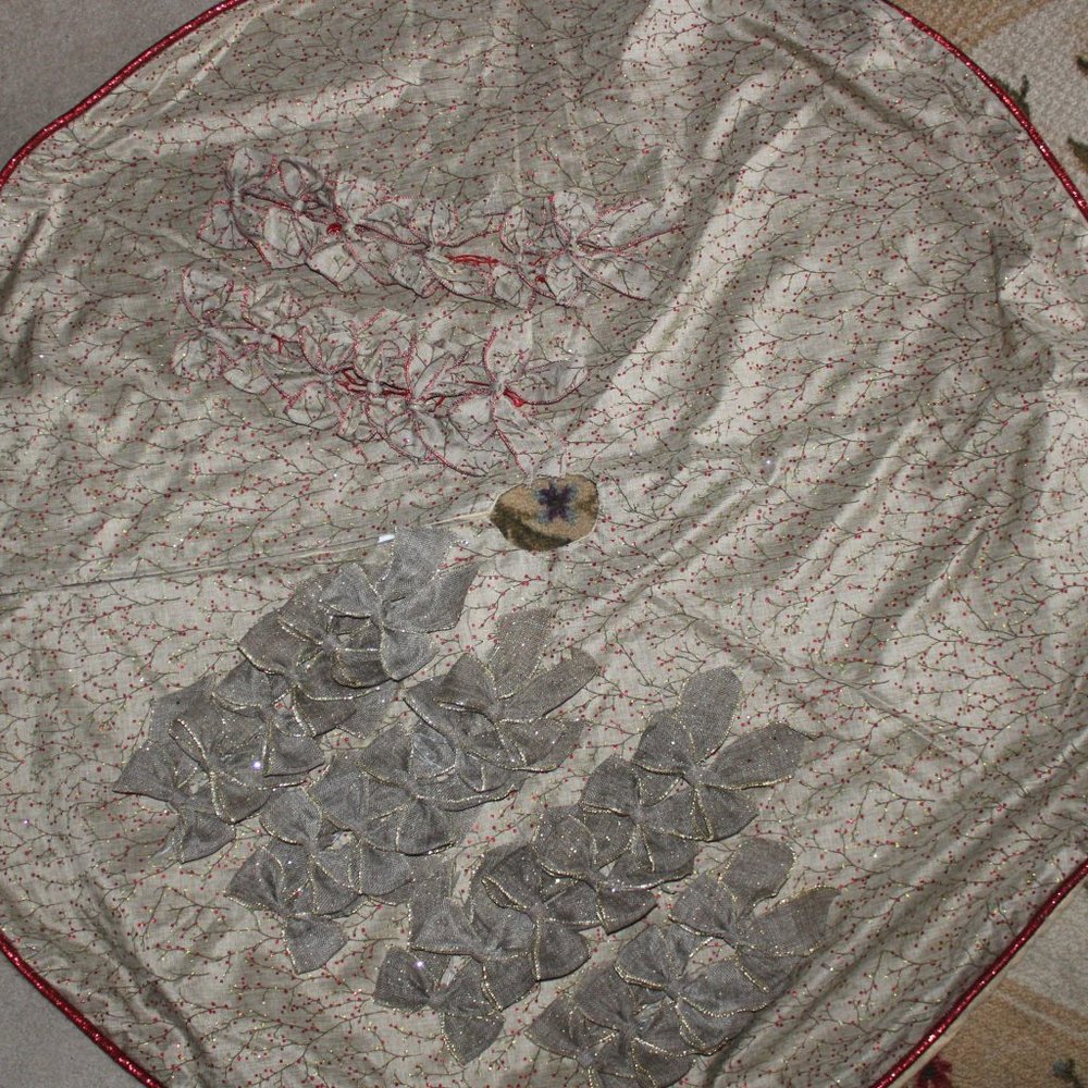 Tan With Red Holly Berry Branches 52 in Tree Skirt With Matching Bows